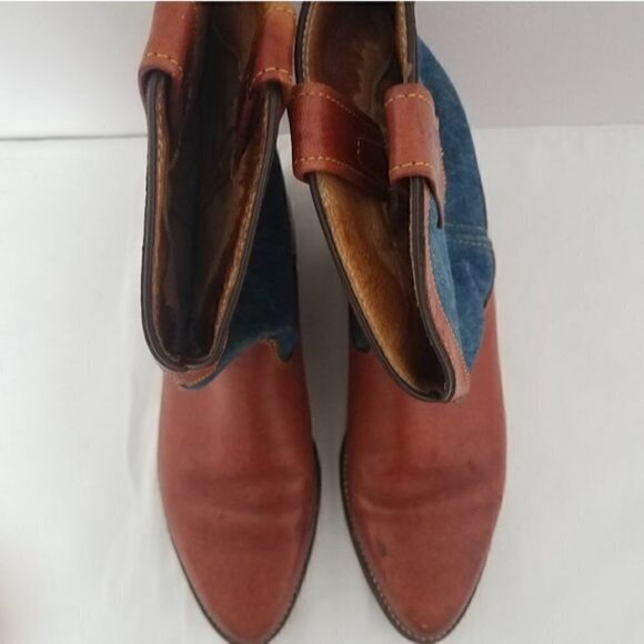 Vintage 1980s Frye Denim and Tooled cognac  Leather  Western Boot 8 - Picture 6 of 15